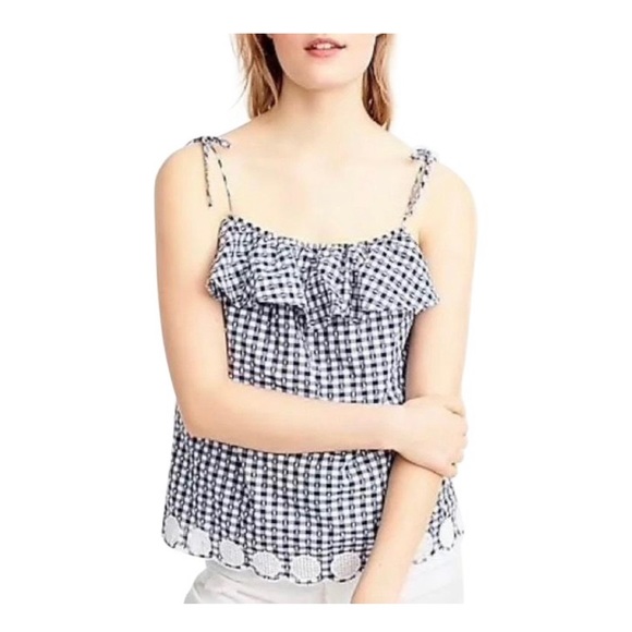 J. Crew Tops - J Crew 00 Navy and White Gingham Tie Shoulder Spaghetti Strap Tank Top